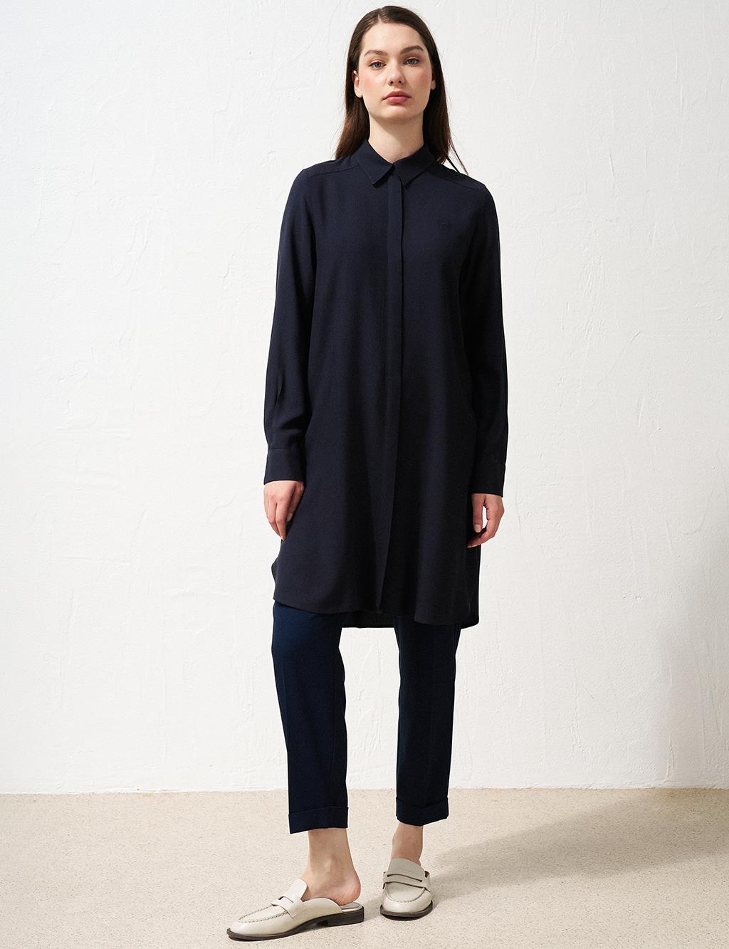 Hidden Placket Long Basic Tunic Navy Blue