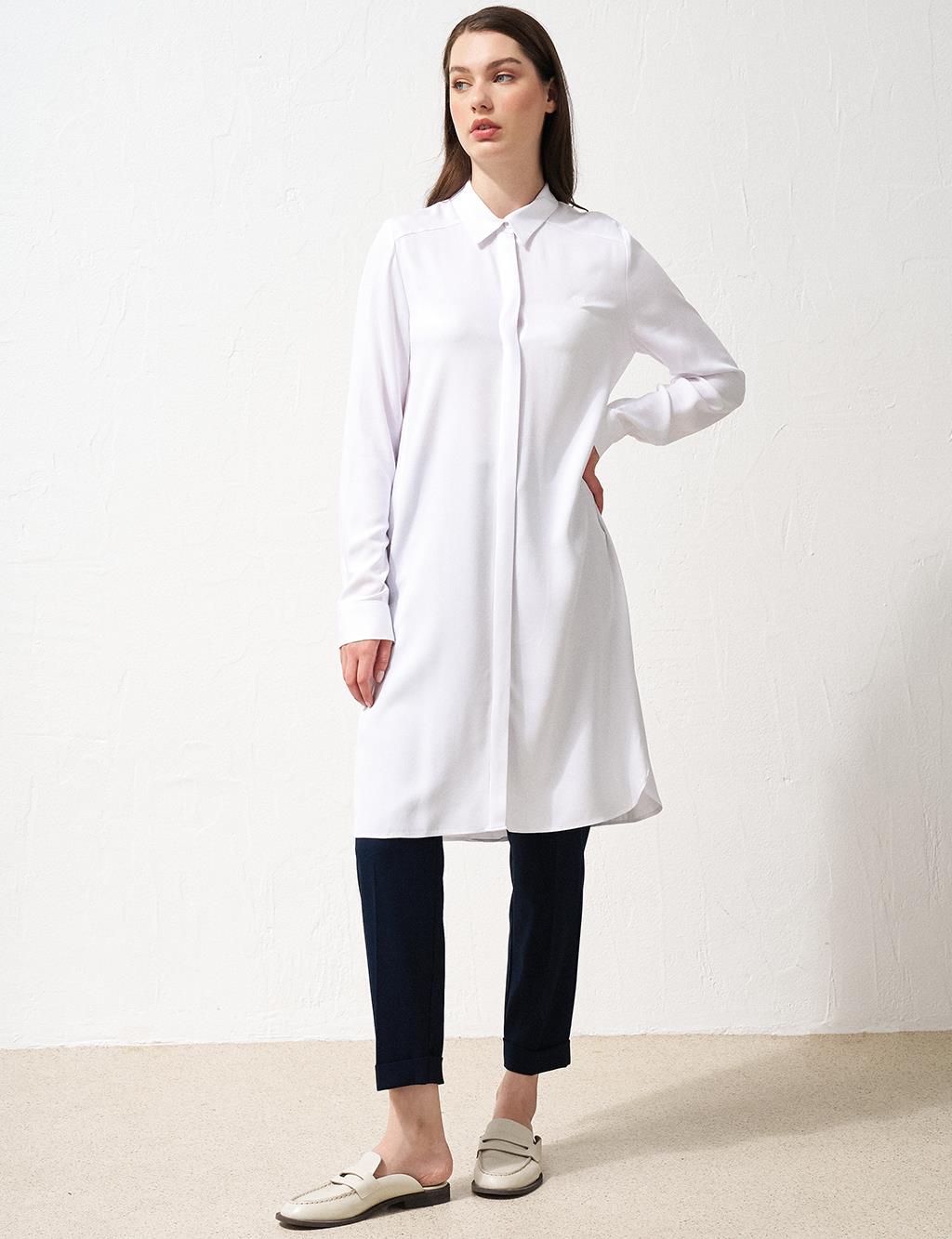 Hidden Placket Long Basic Tunic Optical White