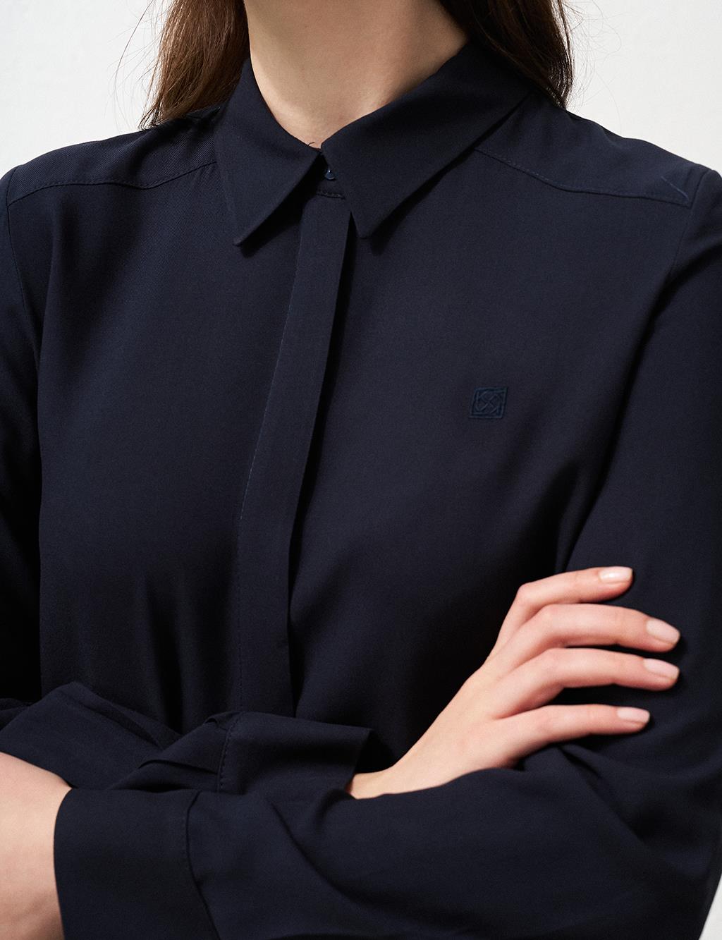 Hidden Placket Long Basic Tunic Navy Blue