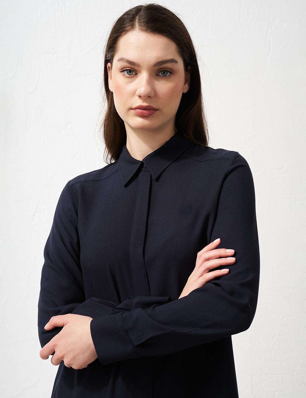 Hidden Placket Long Basic Tunic Navy Blue