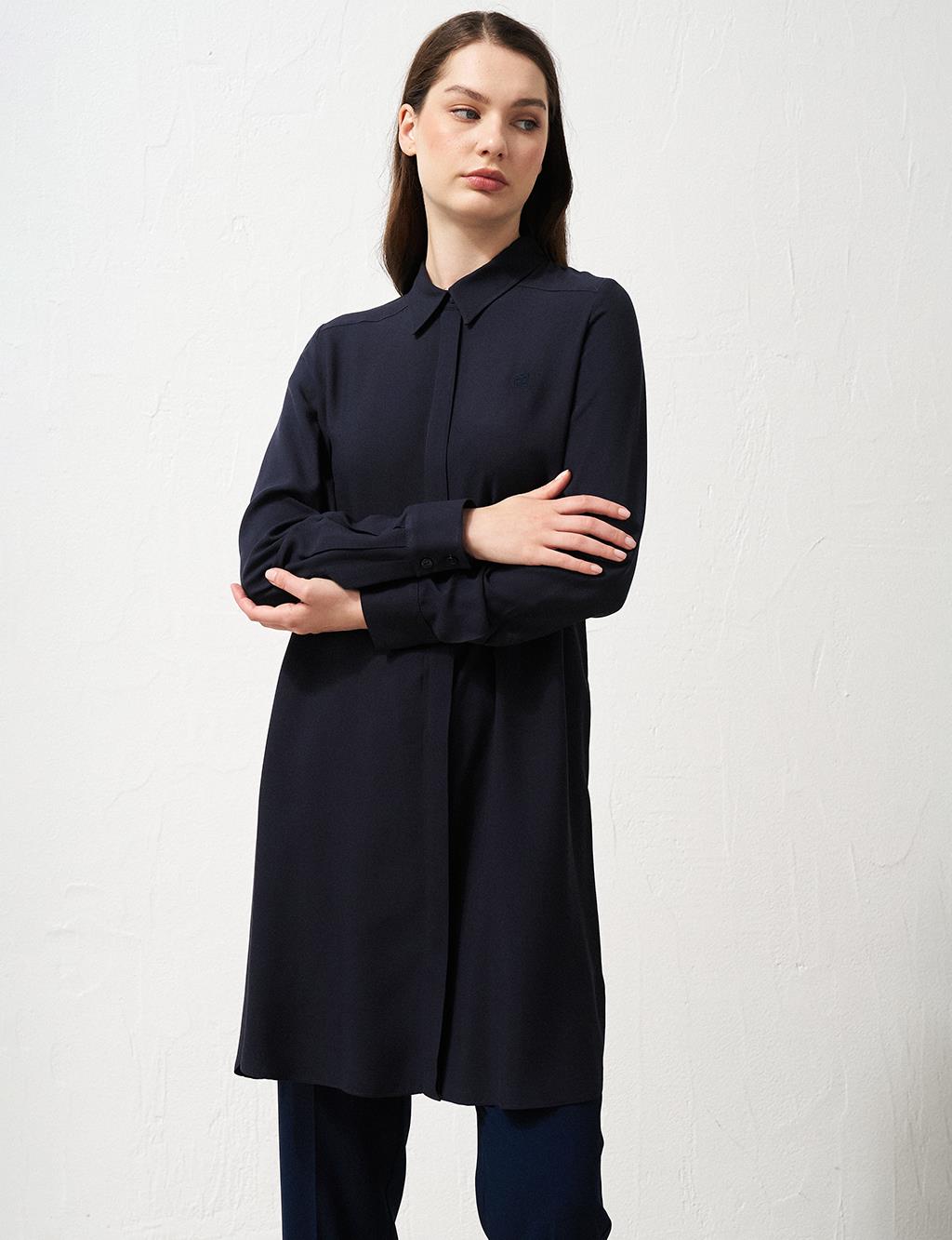 Hidden Placket Long Basic Tunic Navy Blue