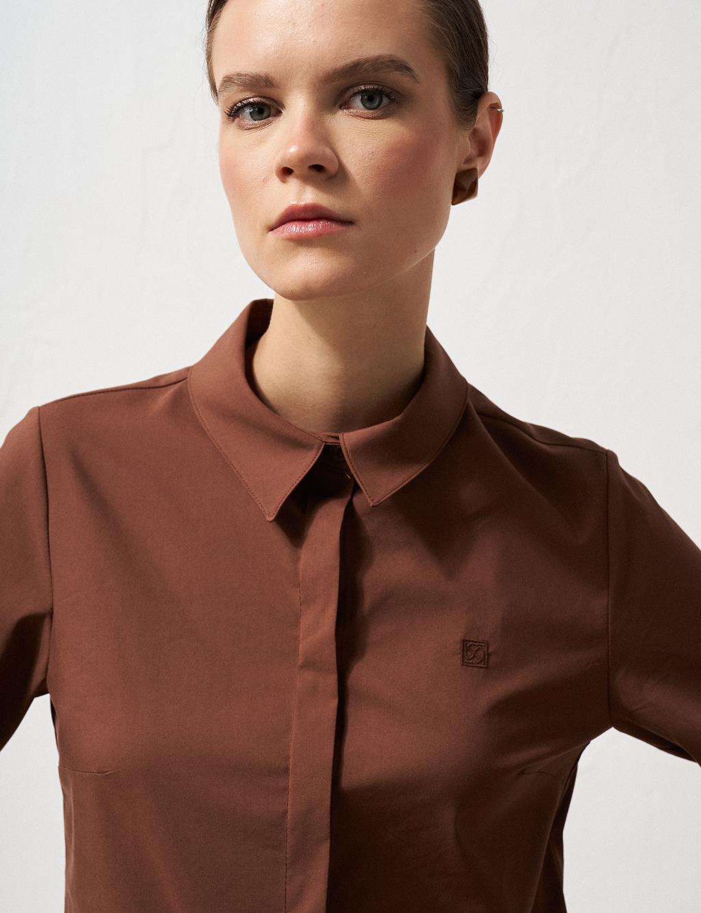 Shirt Collar Poplin Tunic Dark Brown