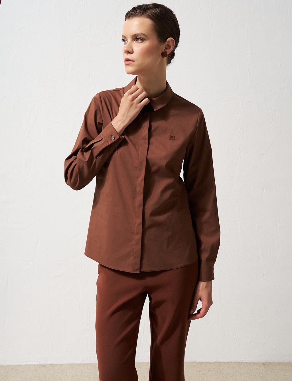 Shirt Collar Poplin Tunic Dark Brown