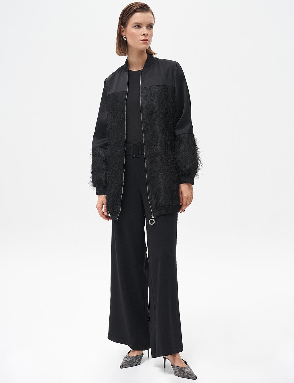 Wide-Leg Pants with Metal Buckle Detail Black