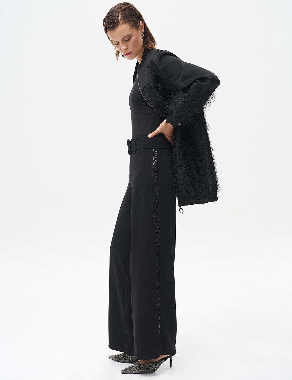 Wide-Leg Pants with Metal Buckle Detail Black