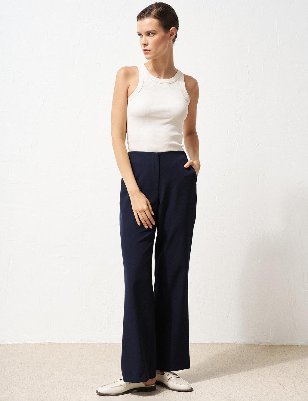 Basic Trousers with Elastic Waist Navy Blue