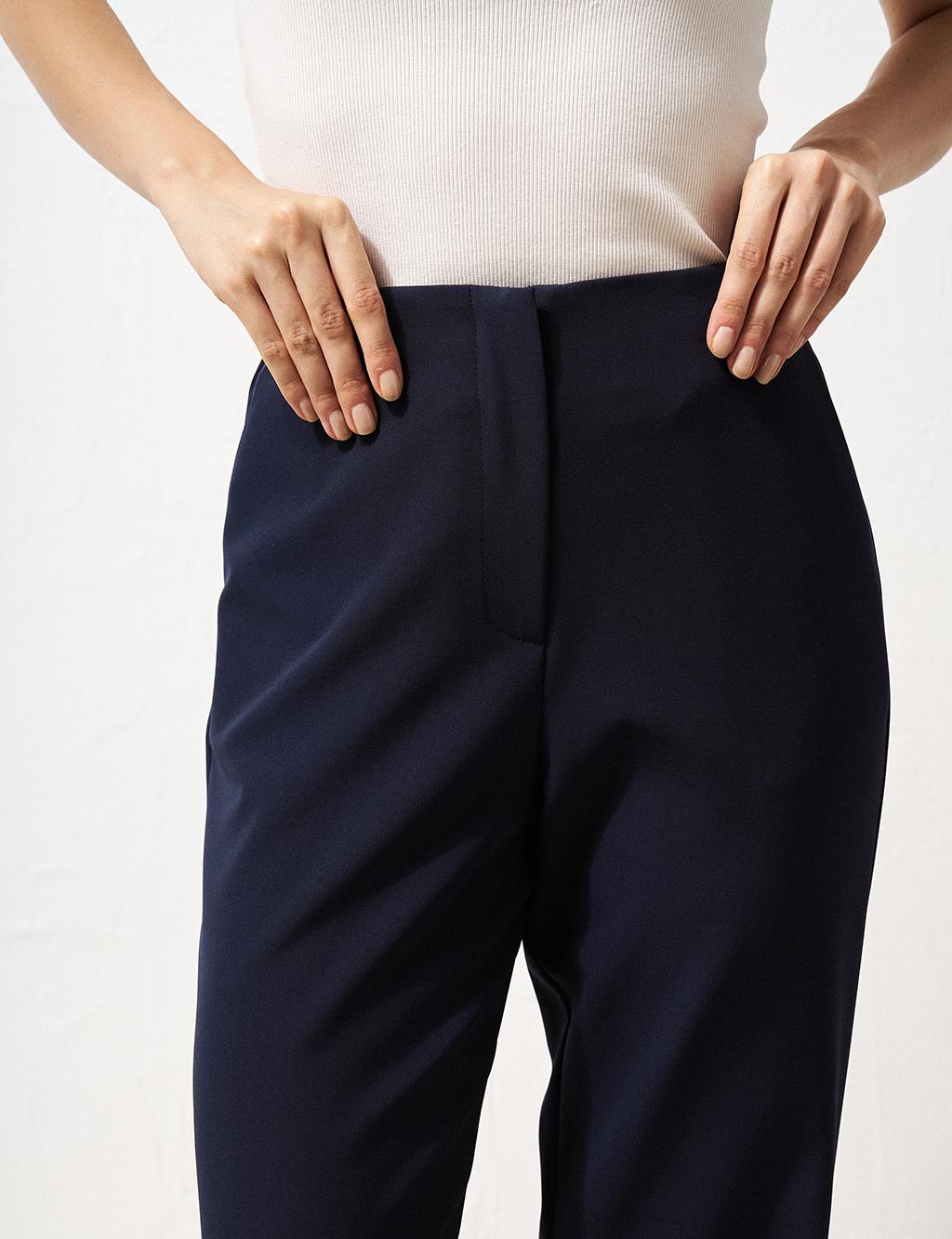 Basic Trousers with Elastic Waist Navy Blue