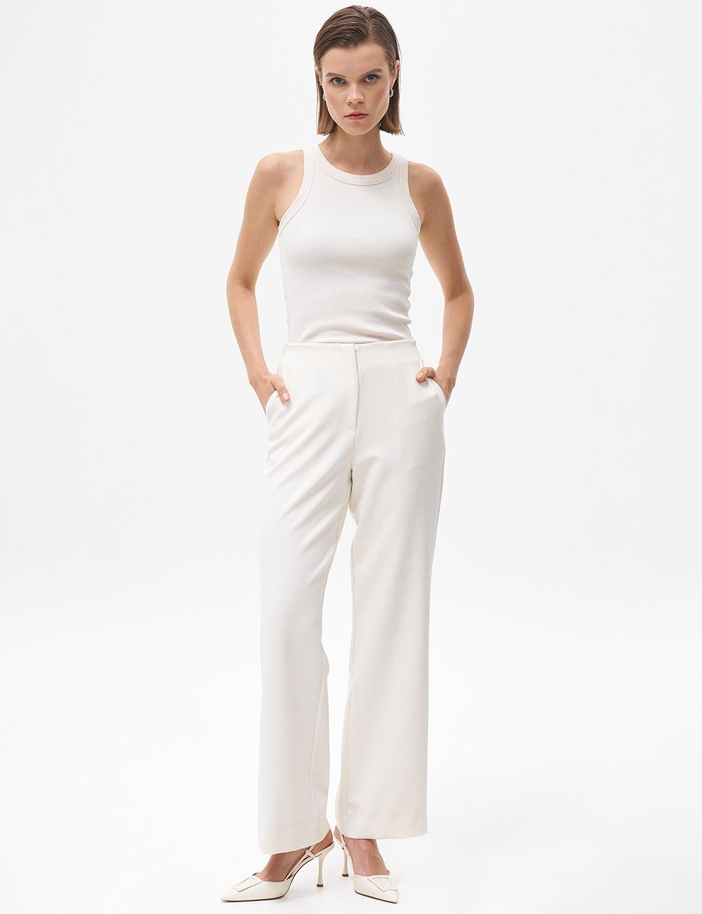 Basic Trousers with Elastic Waist Ecru