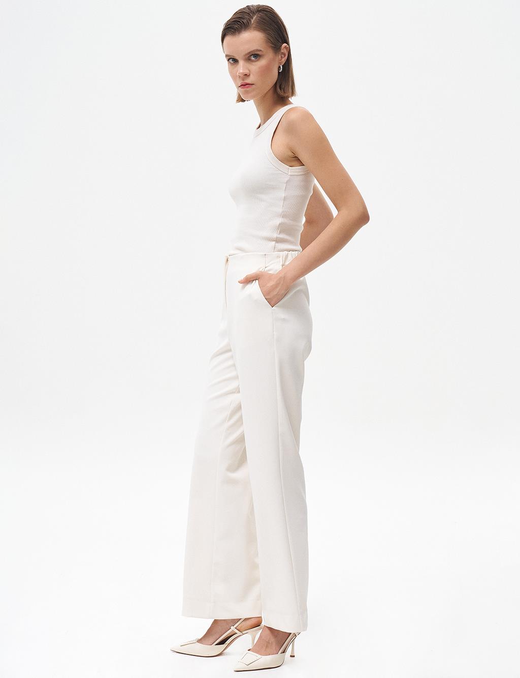 Basic Trousers with Elastic Waist Ecru