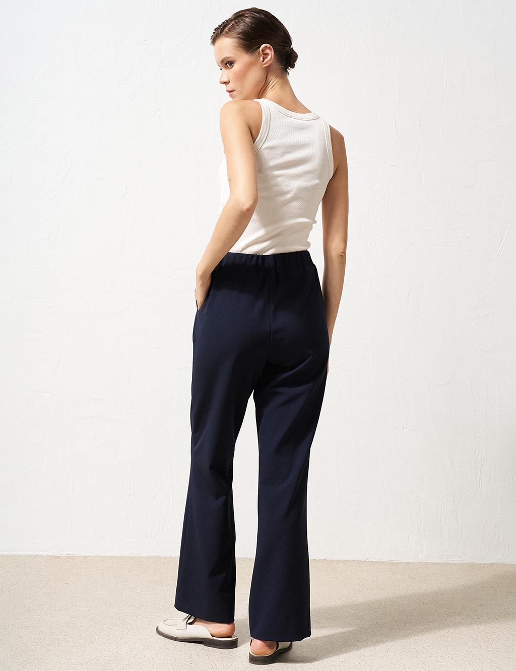 Basic Trousers with Elastic Waist Navy Blue