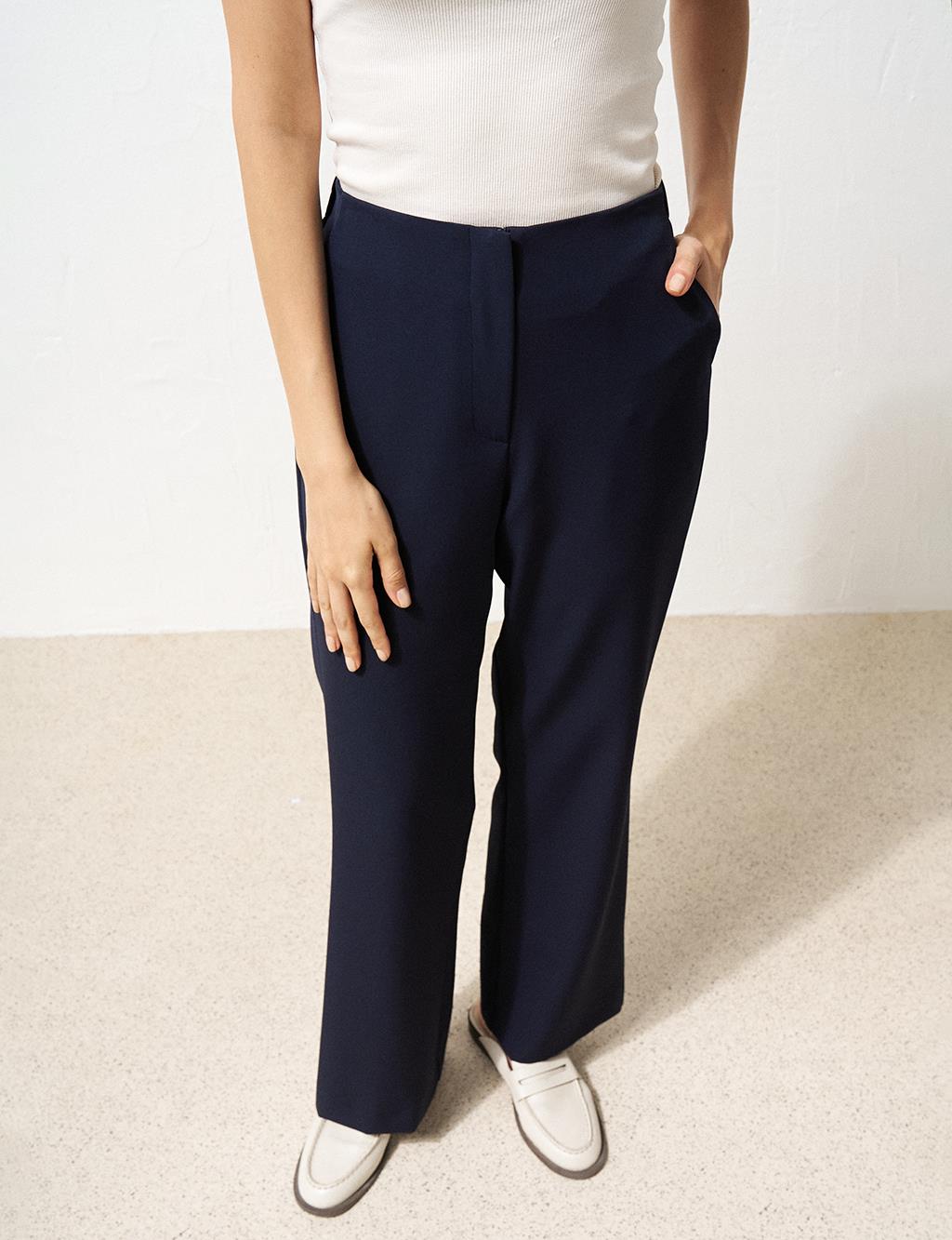 Basic Trousers with Elastic Waist Navy Blue