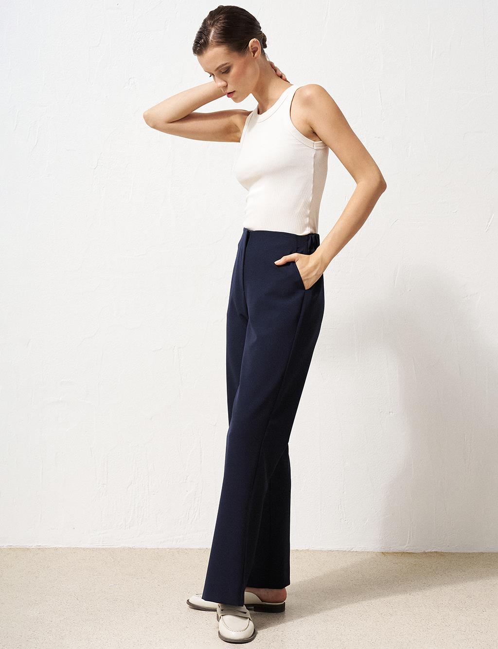 Basic Trousers with Elastic Waist Navy Blue