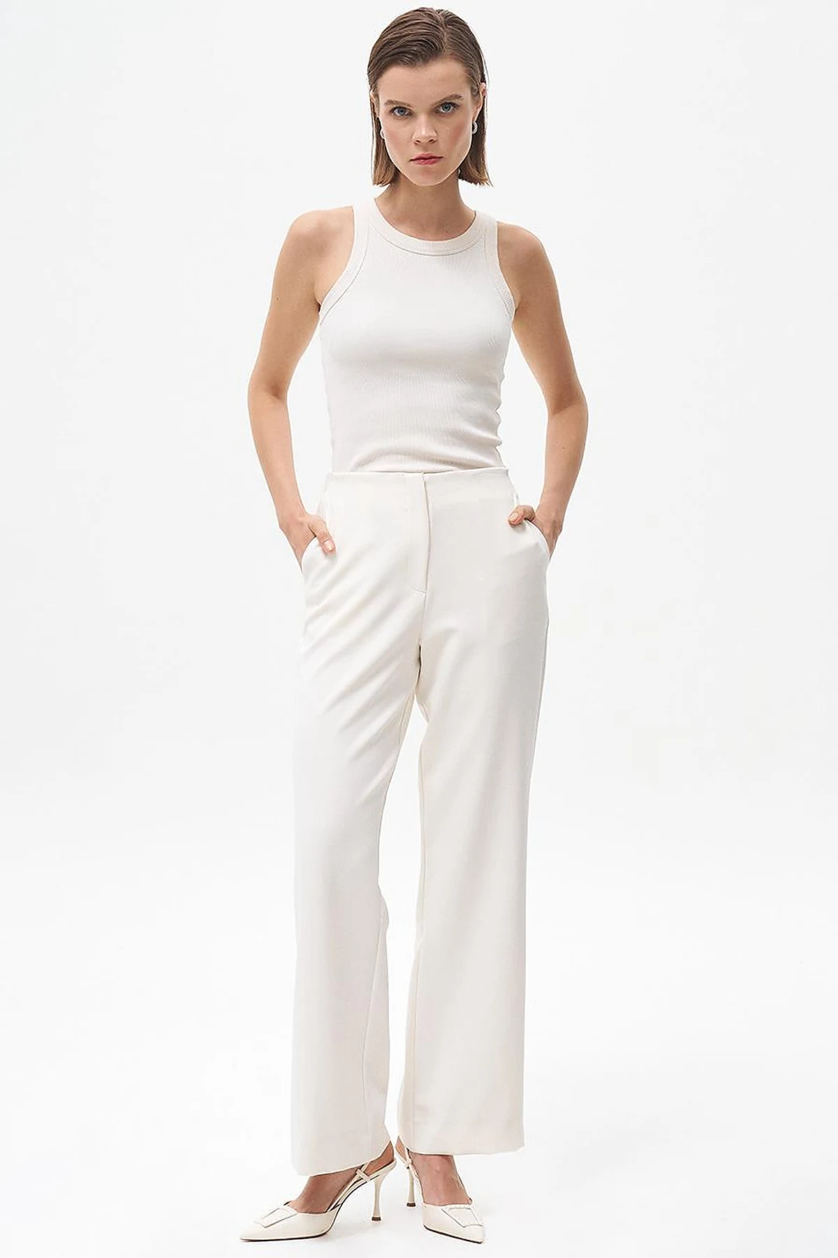 Beli Lastikli Basic Pantolon Ekru