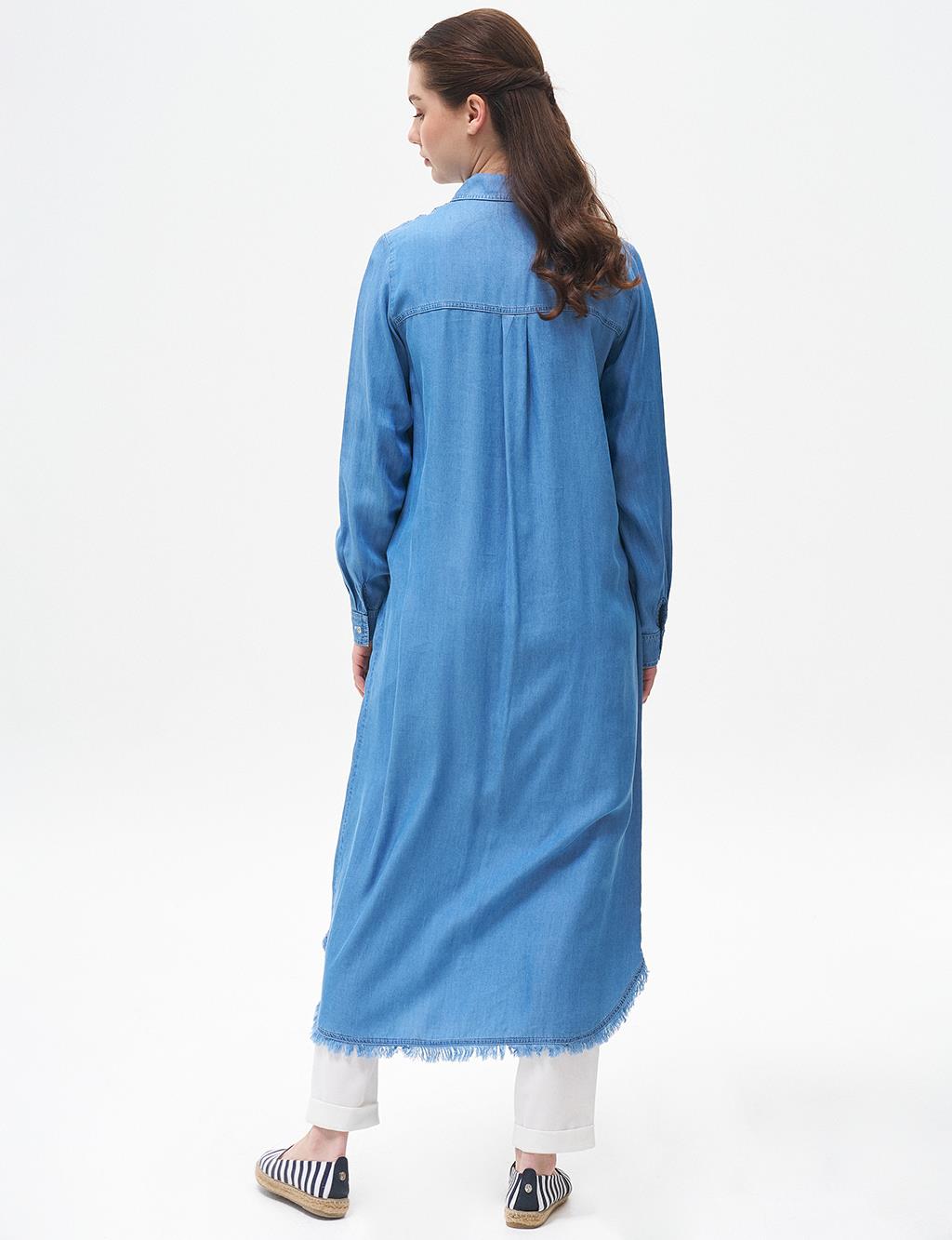 Stone-Embellished Long Lyocell Tunic Blue