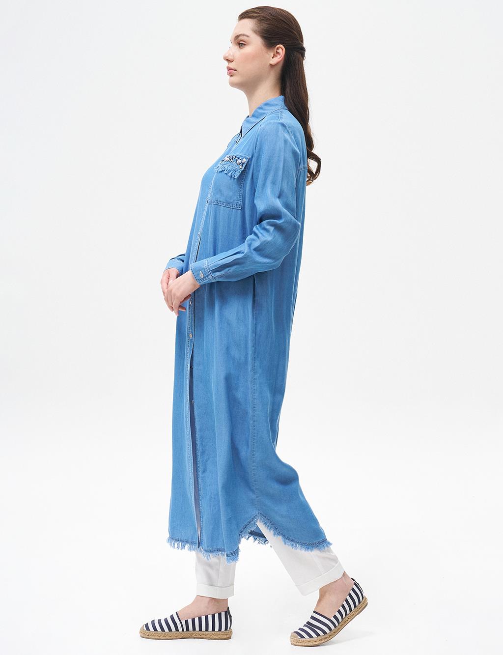 Stone-Embellished Long Lyocell Tunic Blue