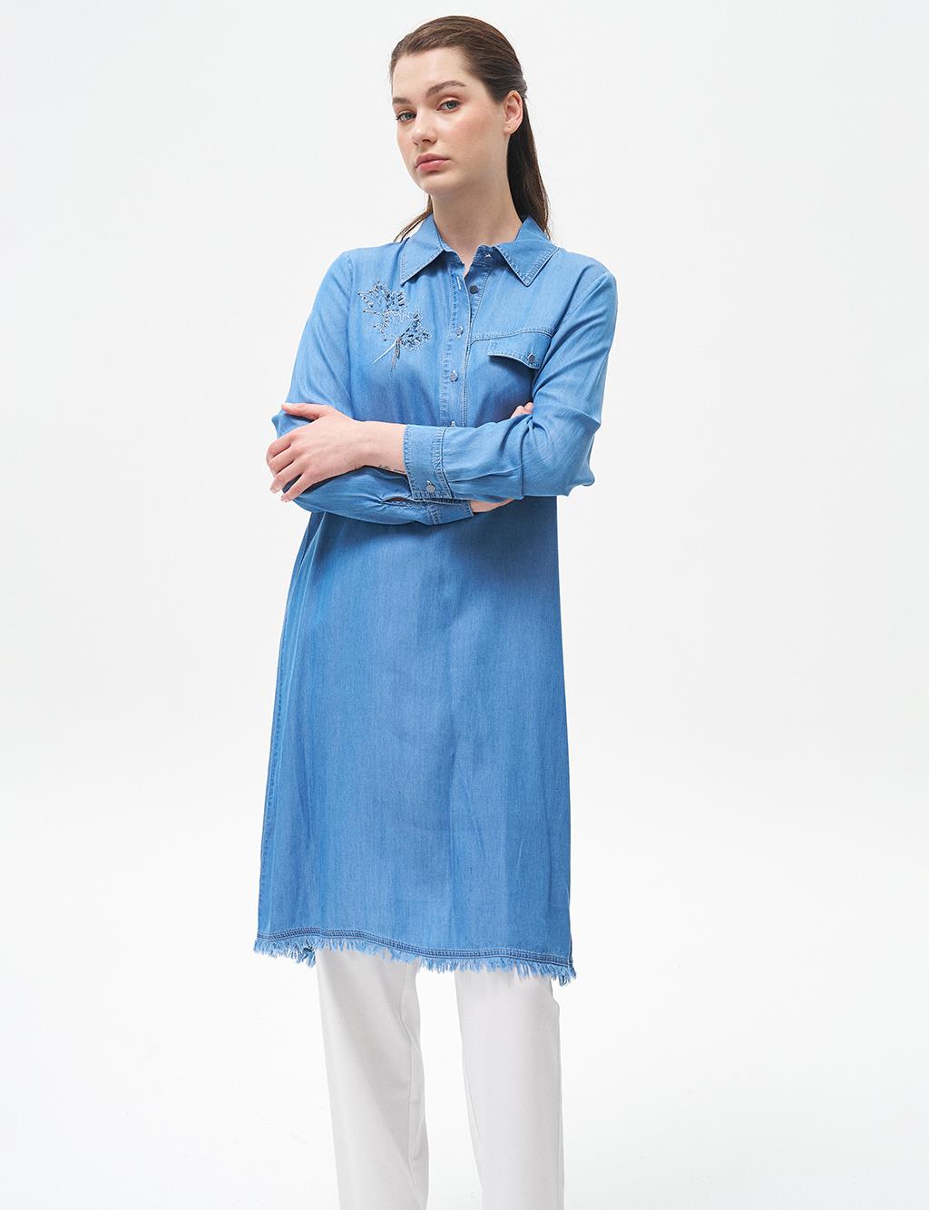 Embroidered Lyocell Tunic Blue