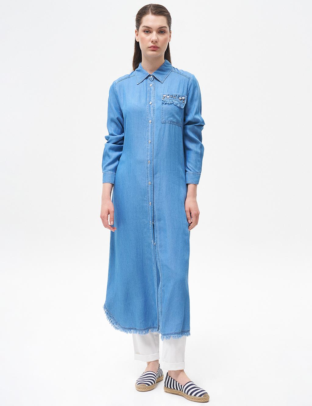 Stone-Embellished Long Lyocell Tunic Blue