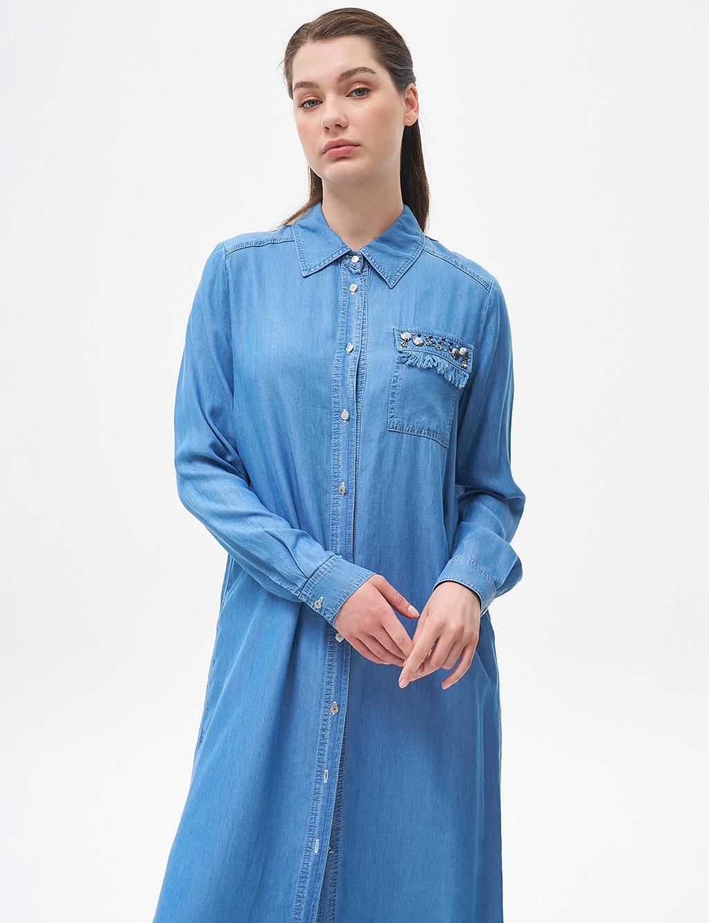 Stone-Embellished Long Lyocell Tunic Blue