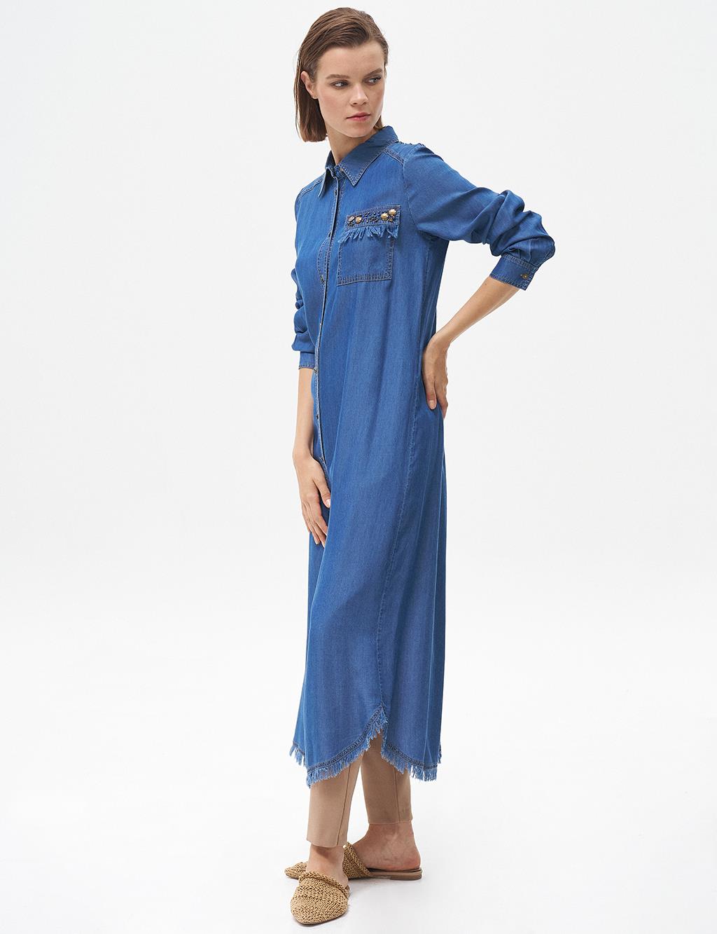 Stone-Embellished Long Lyocell Tunic Navy Blue