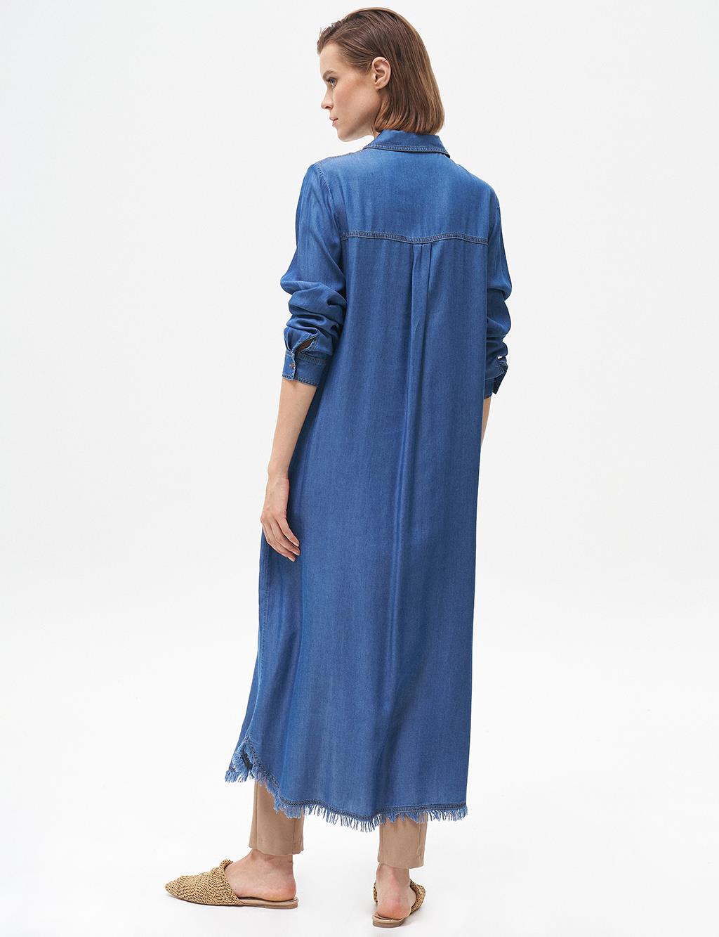 Stone-Embellished Long Lyocell Tunic Navy Blue