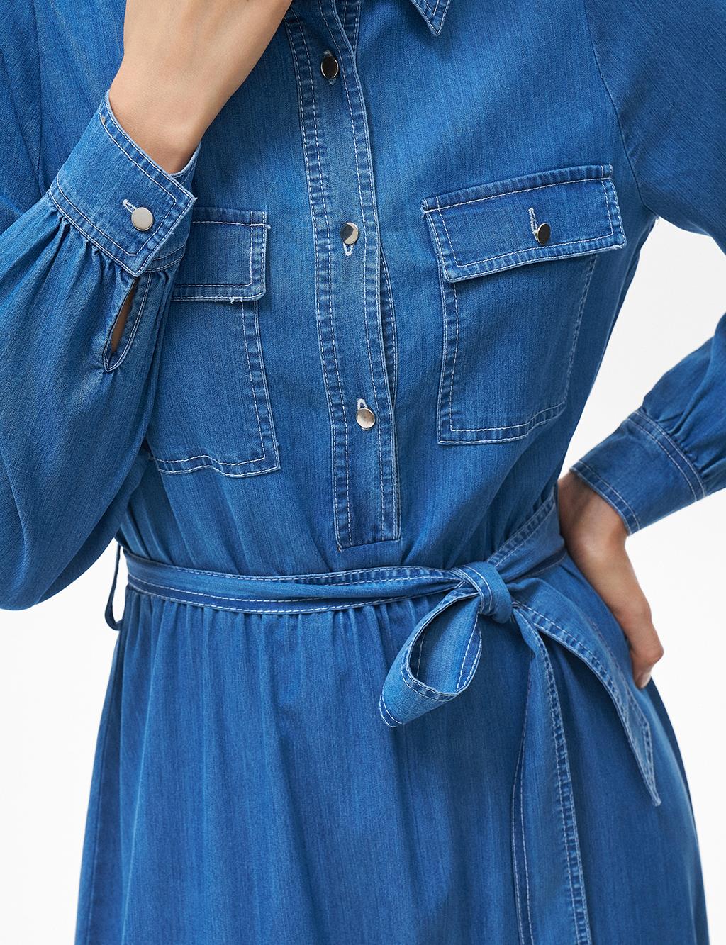 Ruffled Hem Half Placket Button Closure Lyocell Dress Blue