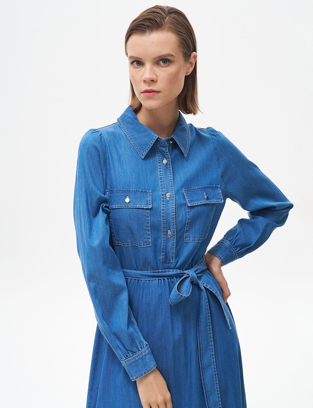 Ruffled Hem Half Placket Button Closure Lyocell Dress Blue