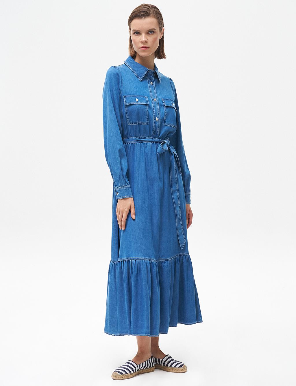 Ruffled Hem Half Placket Button Closure Lyocell Dress Blue