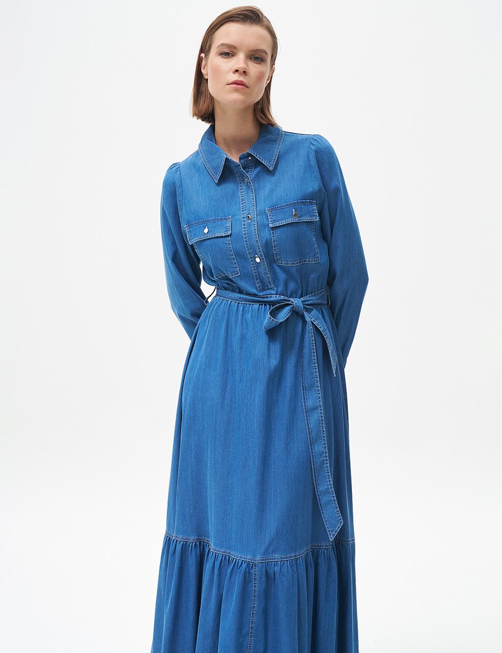 Ruffled Hem Half Placket Button Closure Lyocell Dress Blue