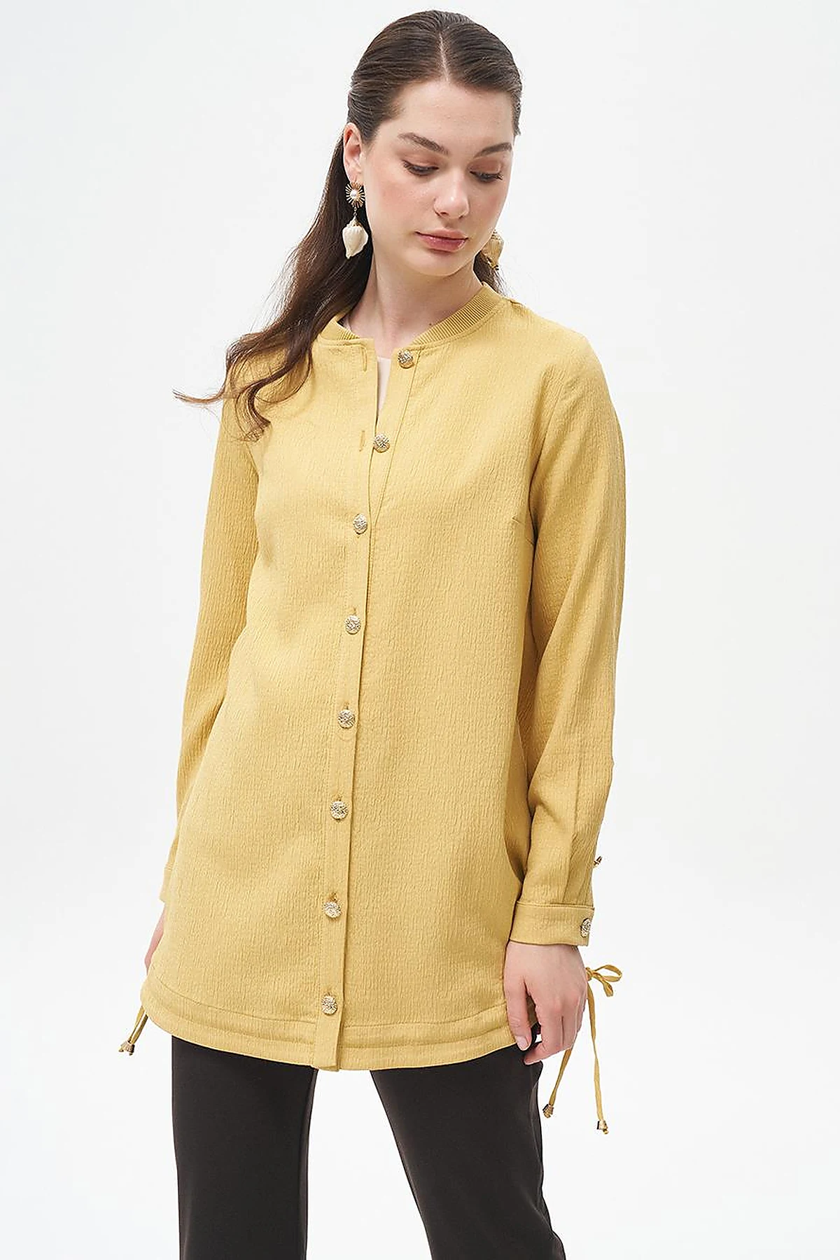 Back Detailed College Collar Jacket Yellow