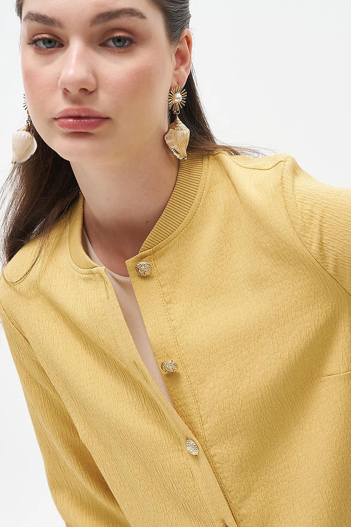 Back Detailed College Collar Jacket Yellow