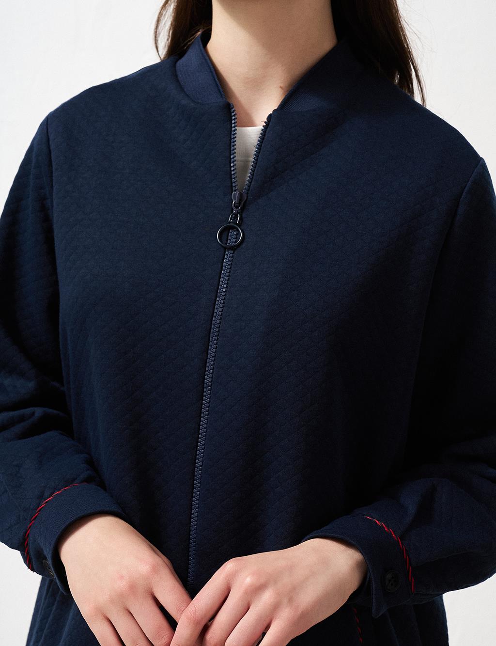 Textured Varsity Collar Jacket Dark Navy Blue