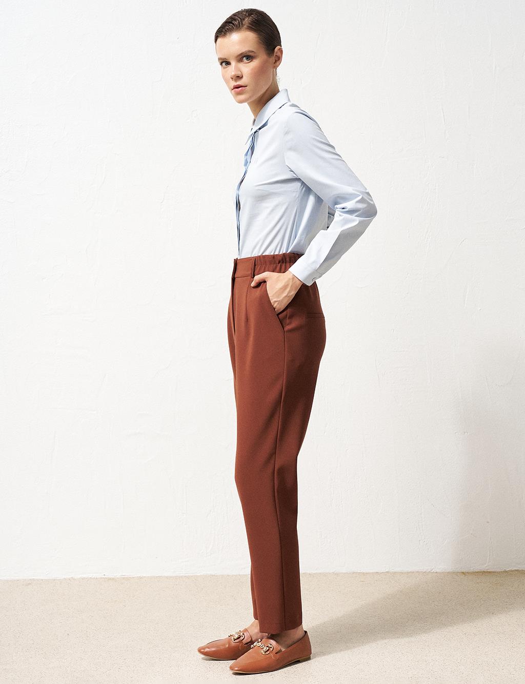 Elastic Waist Tapered Pants Brown