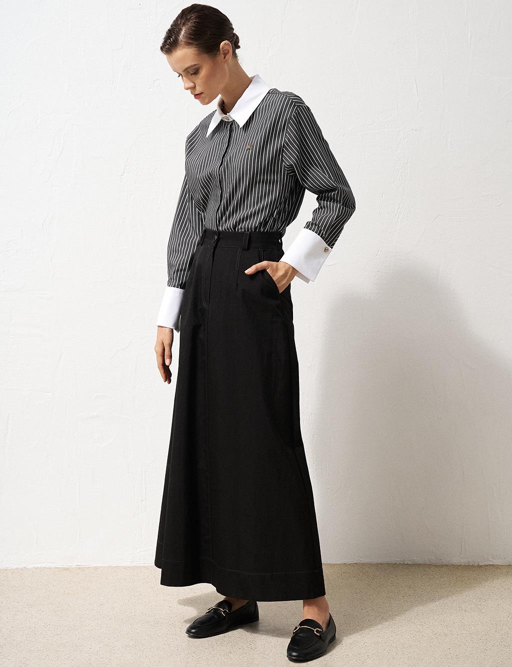 Elastic Waist Canvas Flared Skirt Black