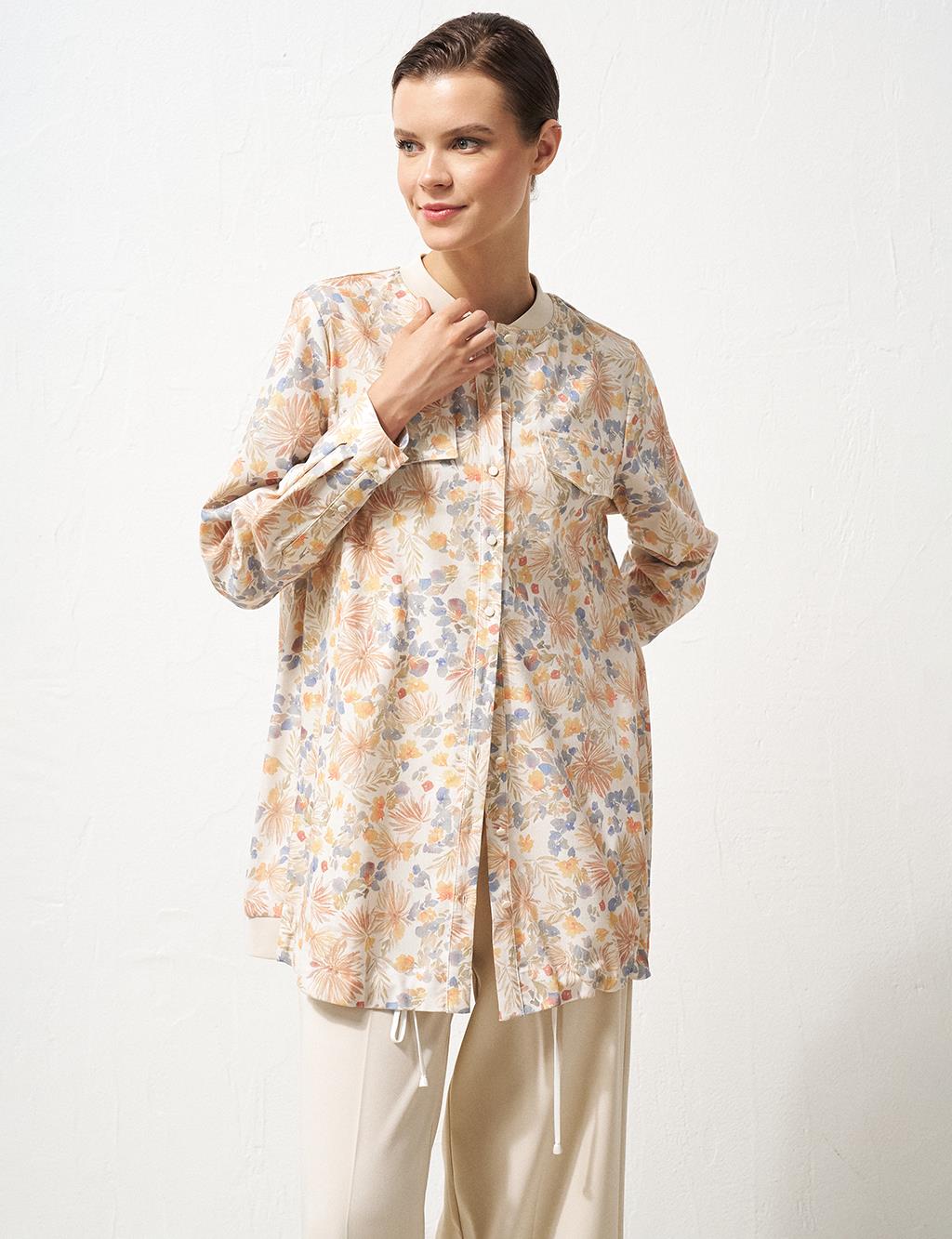 Floral Patterned Flap Pocket Blouse Cream