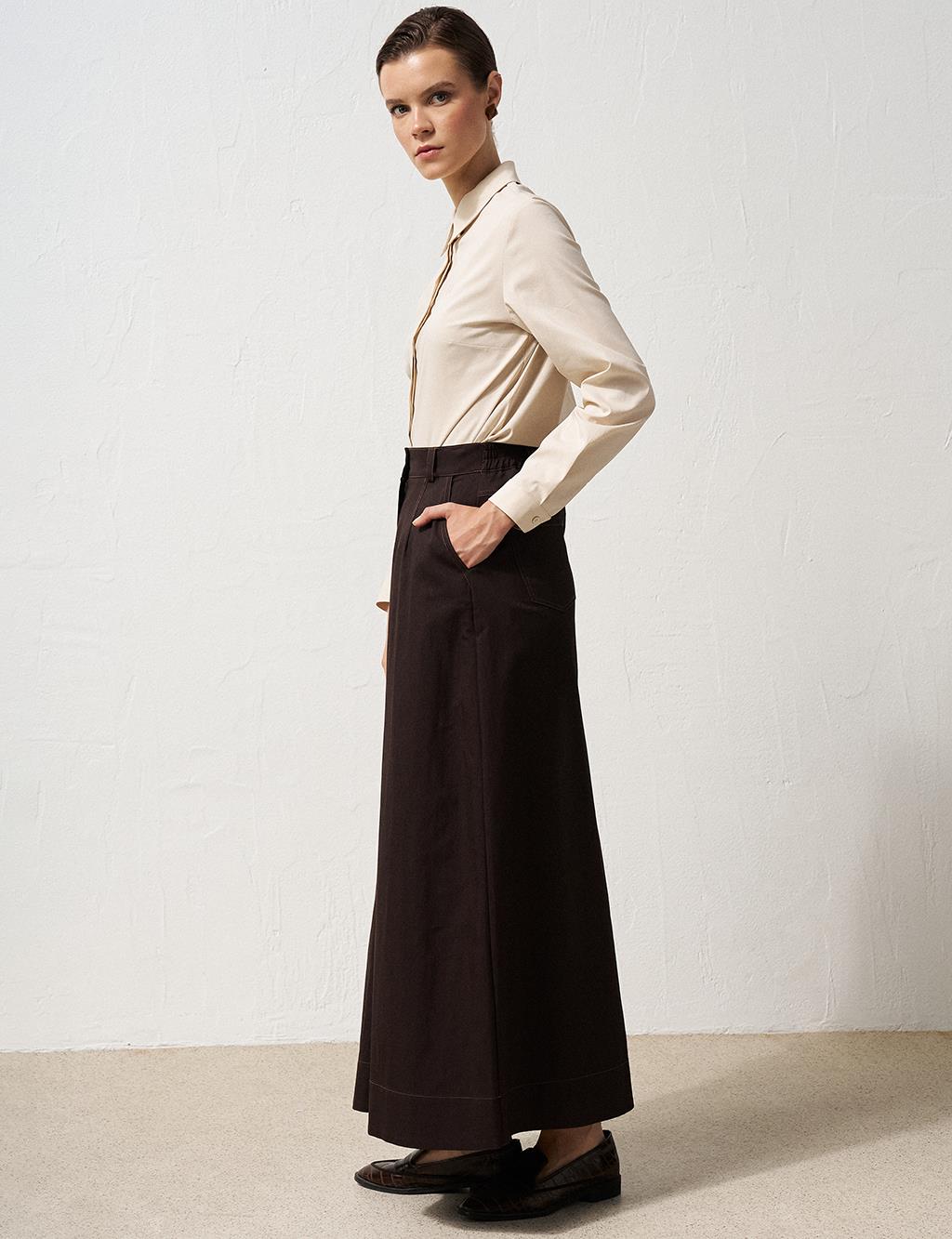 Elastic Waist Canvas Flared Skirt Dark Brown