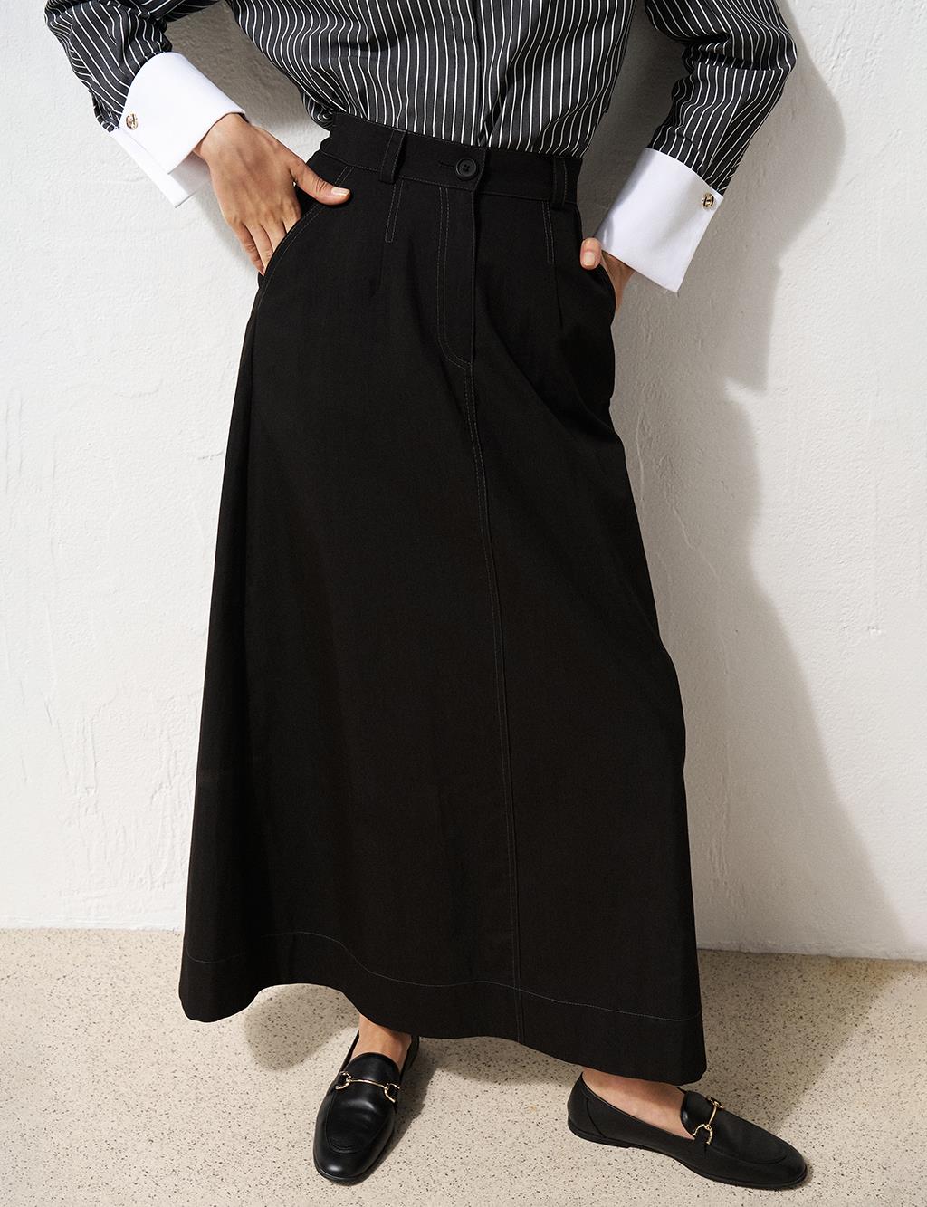 Elastic Waist Canvas Flared Skirt Black