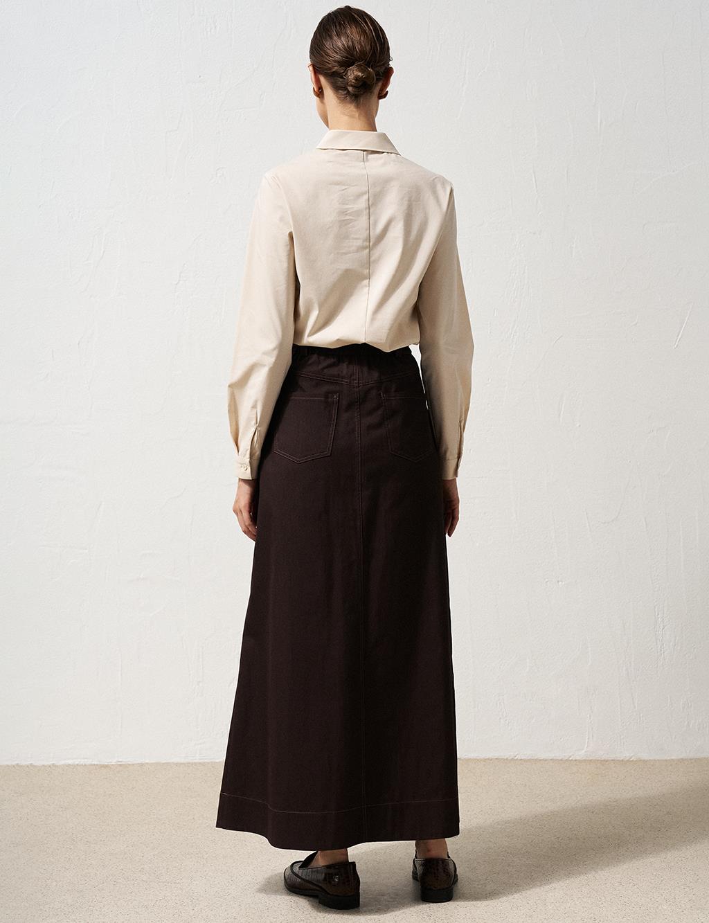 Elastic Waist Canvas Flared Skirt Dark Brown