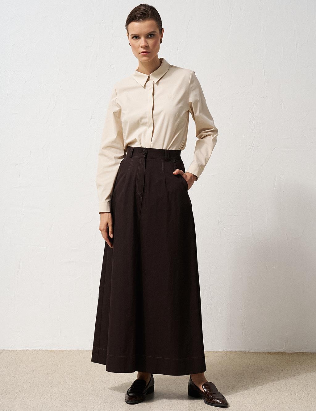 Elastic Waist Canvas Flared Skirt Dark Brown