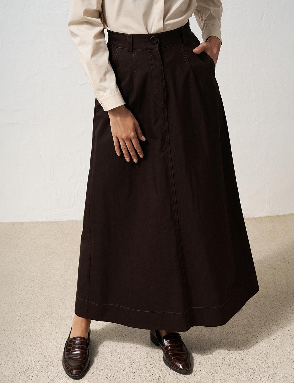 Elastic Waist Canvas Flared Skirt Dark Brown