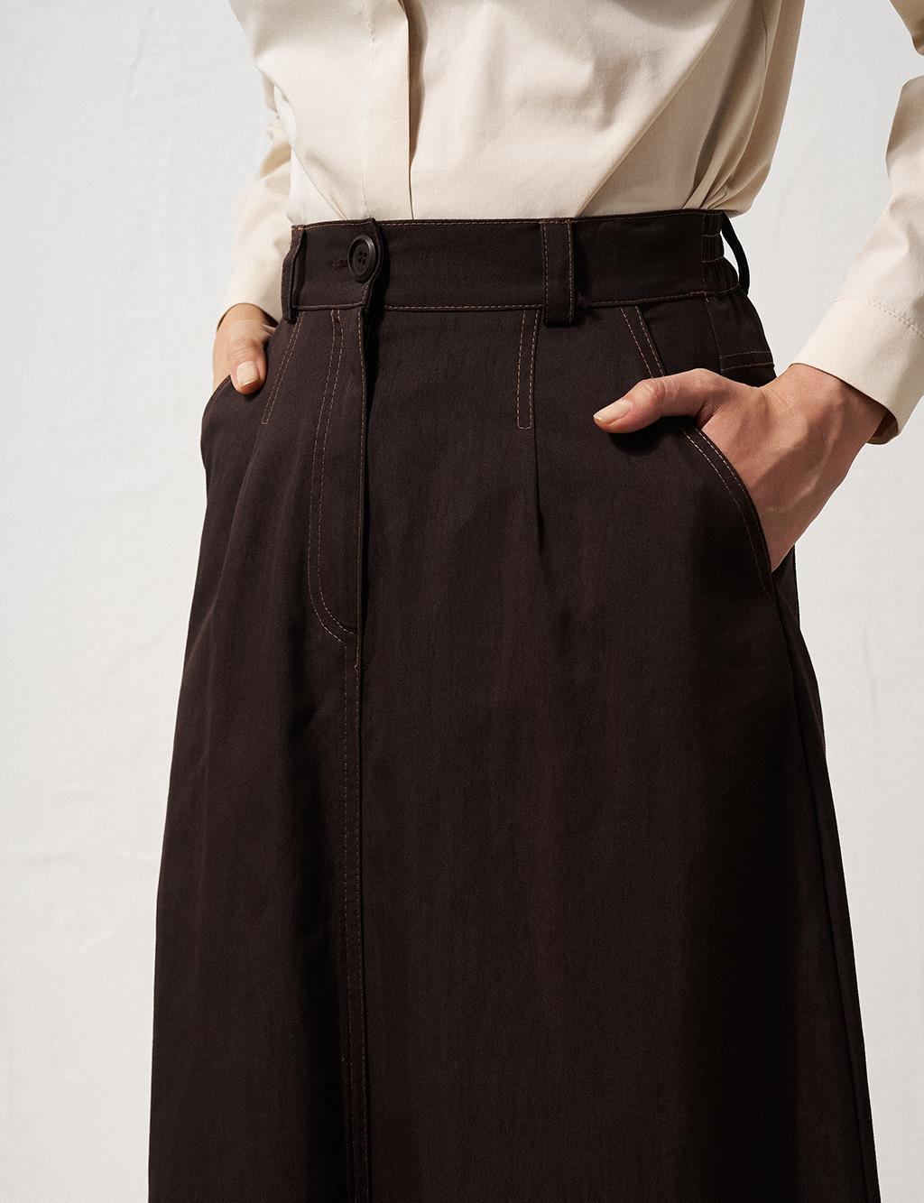 Elastic Waist Canvas Flared Skirt Dark Brown