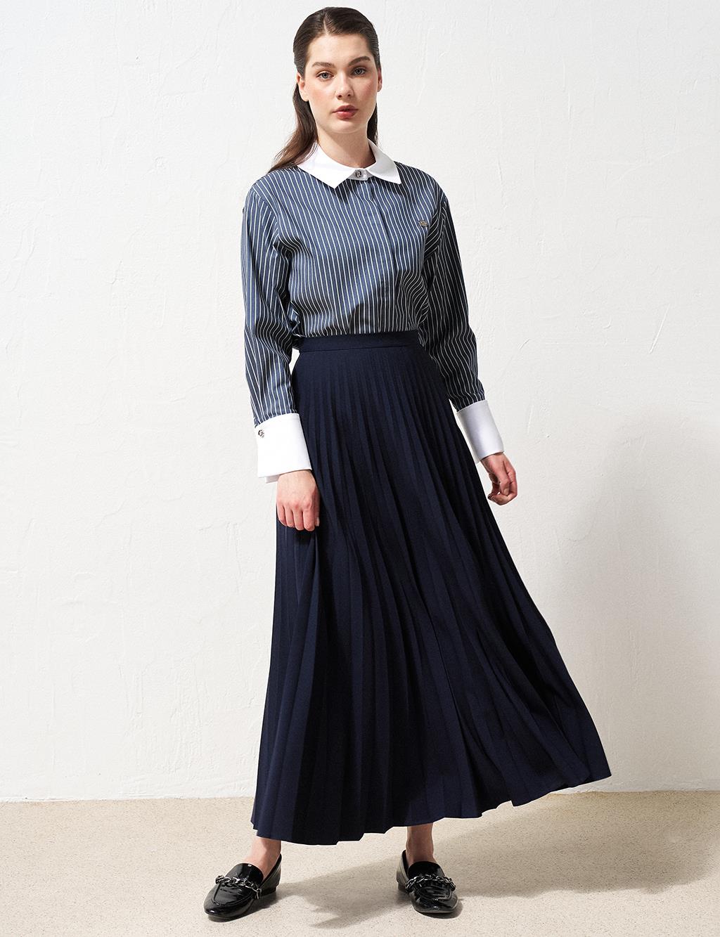 Stripe Pattern Belted Tunic Navy Blue