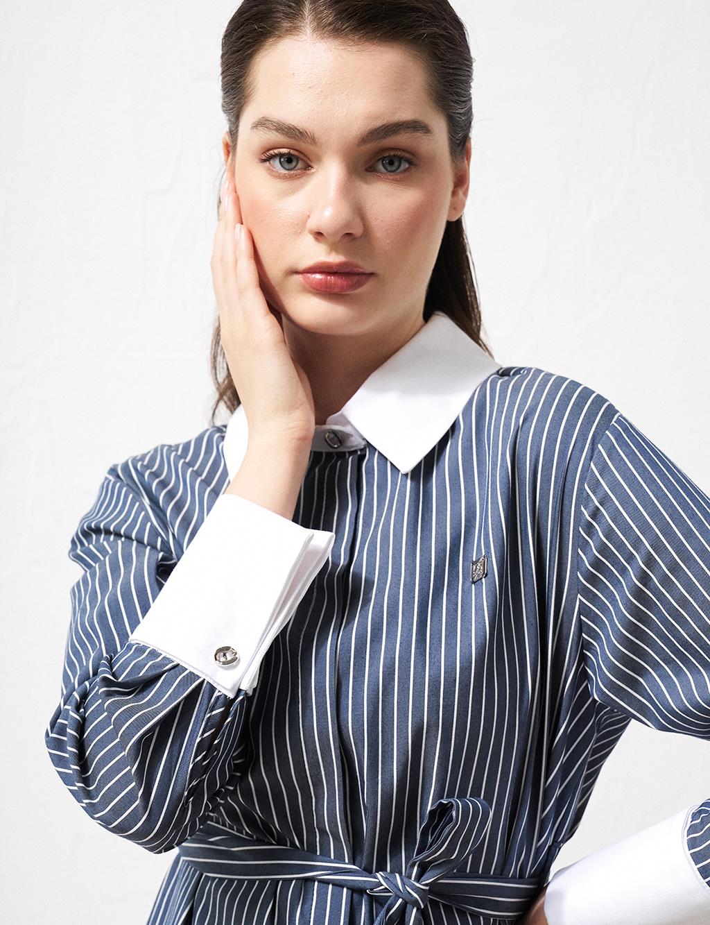 Stripe Pattern Belted Tunic Navy Blue