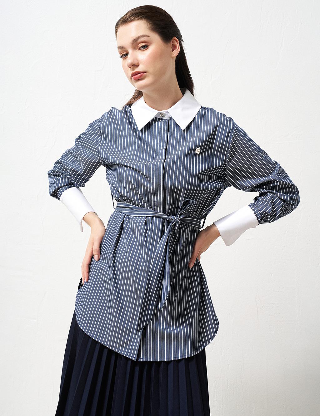 Stripe Pattern Belted Tunic Navy Blue