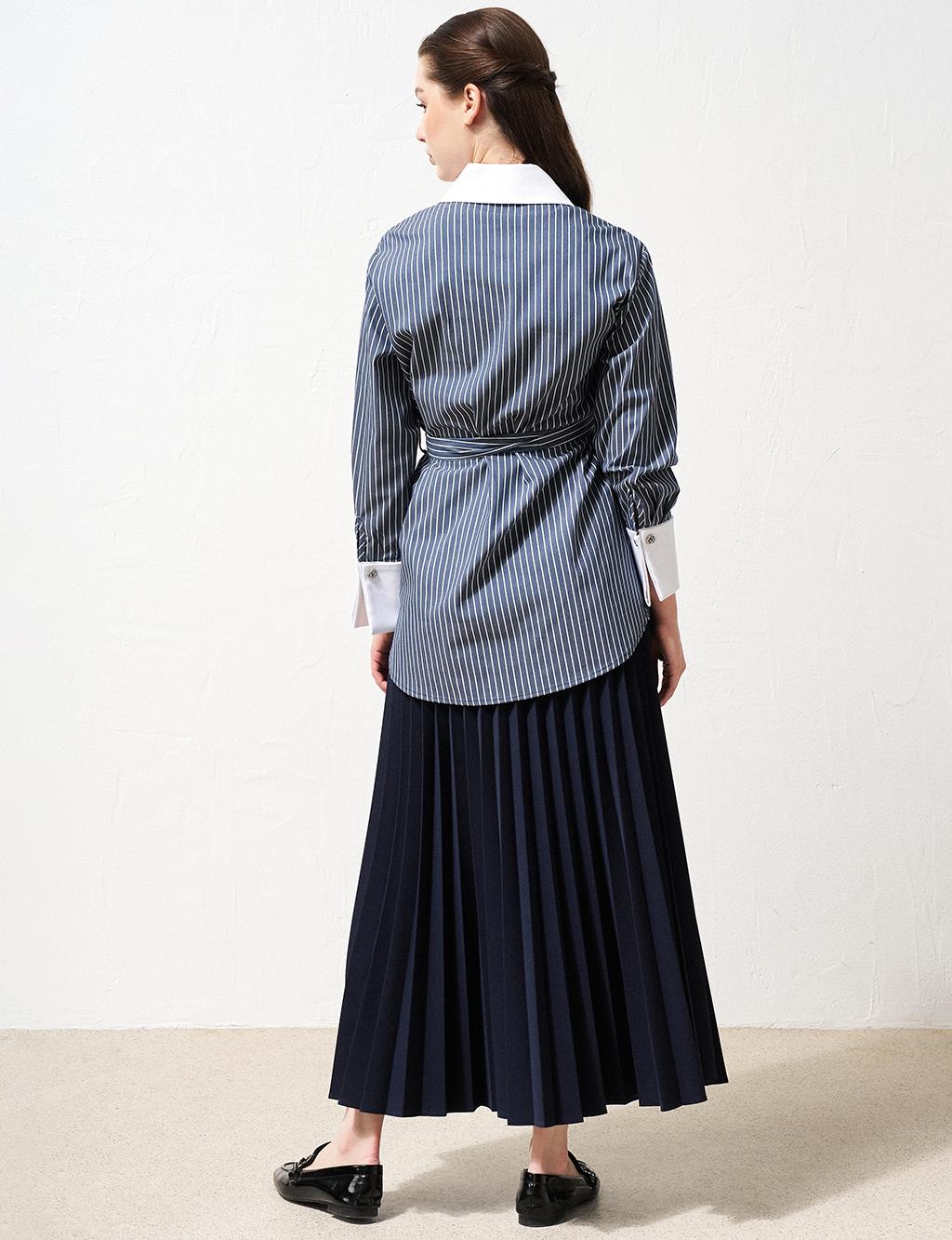 Stripe Pattern Belted Tunic Navy Blue