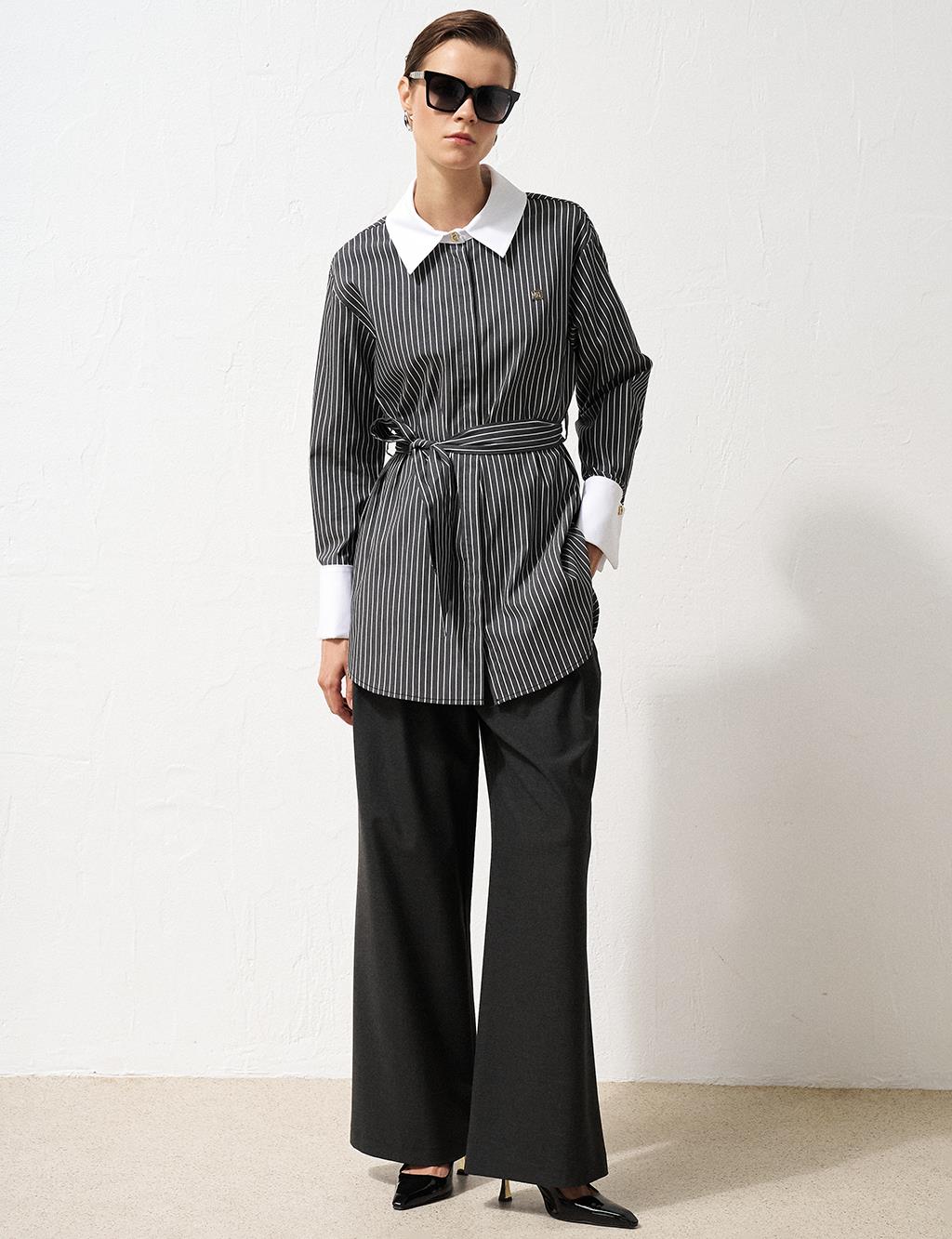 Stripe Pattern Belted Tunic Black