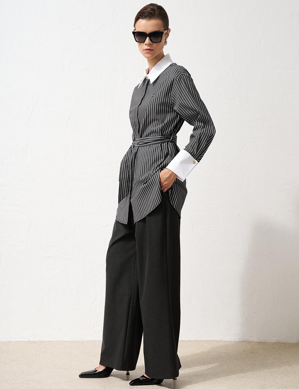Stripe Pattern Belted Tunic Black