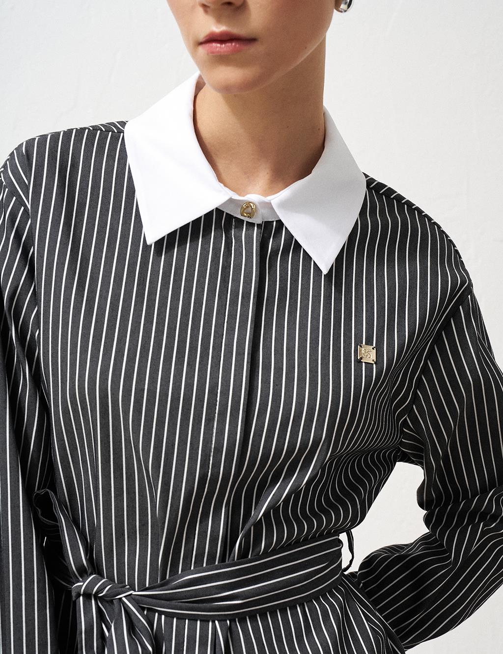 Stripe Pattern Belted Tunic Black