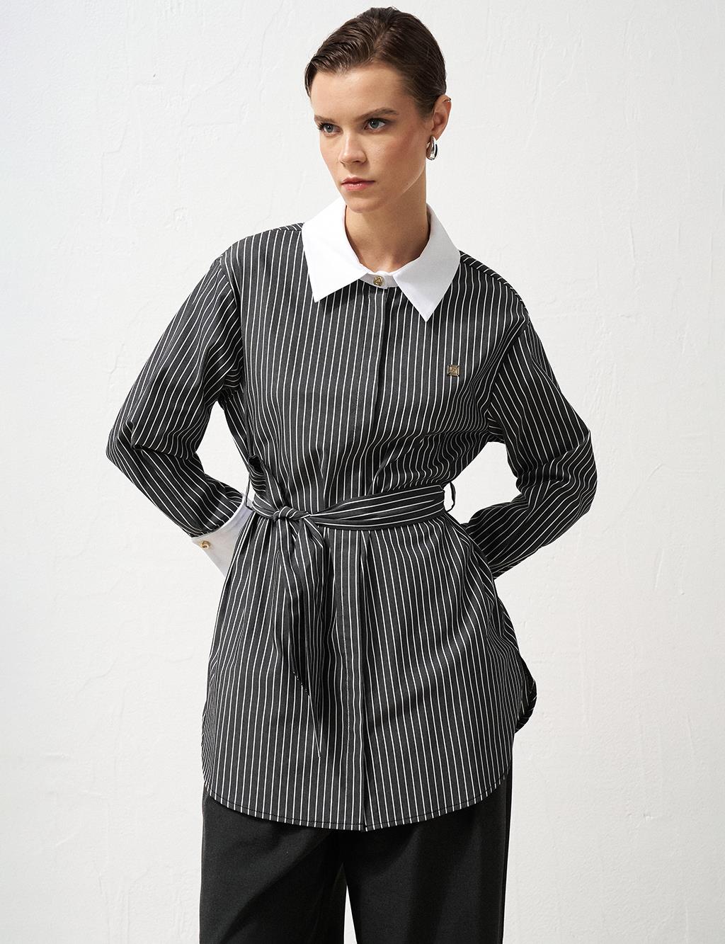 Stripe Pattern Belted Tunic Black