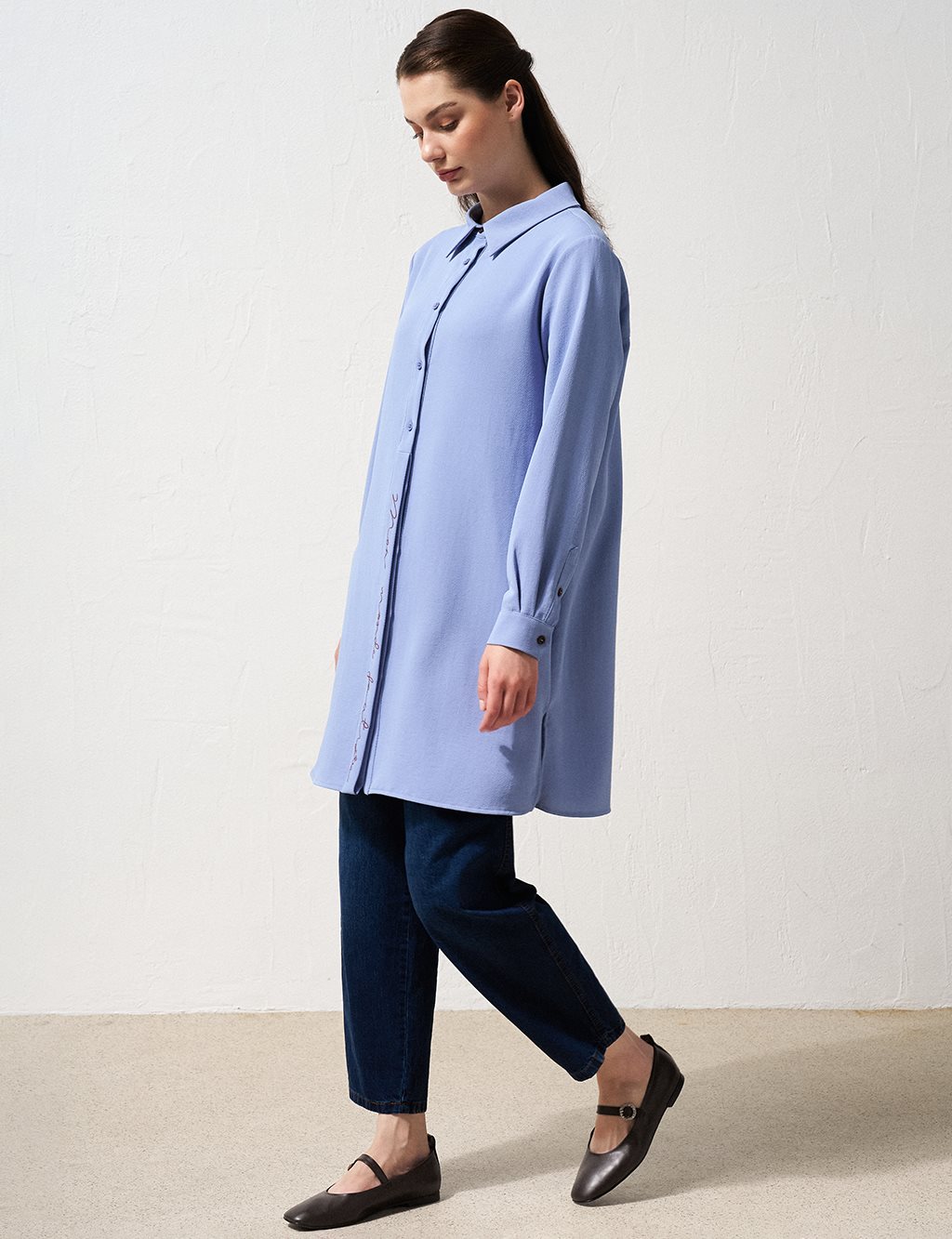 Half Placket Embroidered Tunic Aviator Blue