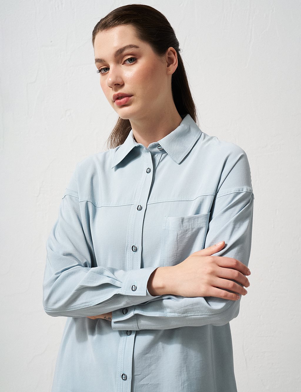 Single Pocket Shirt Collar Tunic Blue 